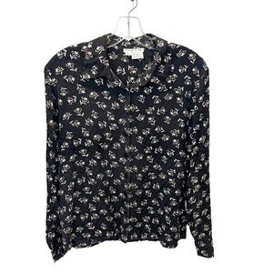 Vintage Tracy M‎ Silk Floral Heart Blouse Black Cottagecore Button Down LARGE